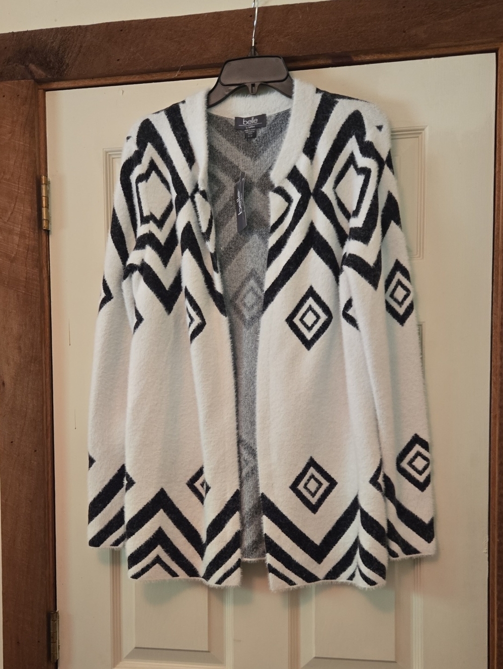Belle By Belldini Black and White Geometric Open-Front Cardigan